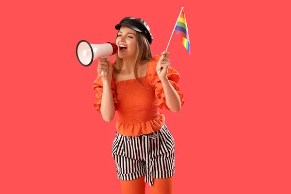 Beautiful Young Woman Lgbt Flag Shouting Megaphone Red Background — Foto Stock
