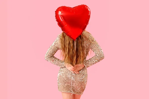 Beautiful Young Woman Heart Shaped Balloon Pink Background Back View — Stock Photo, Image