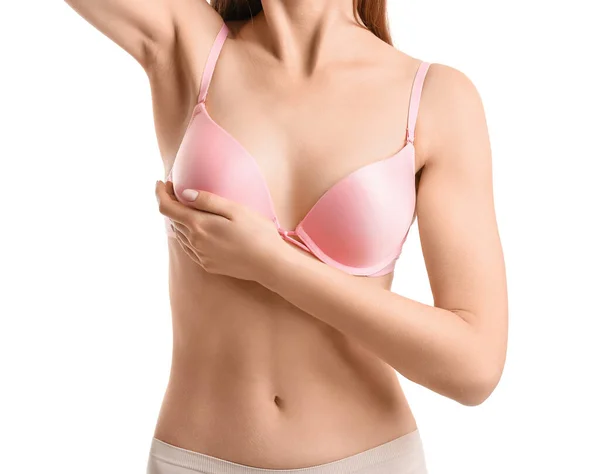 Young Woman Underwear White Background Breast Cancer Awareness Concept — Stock Photo, Image