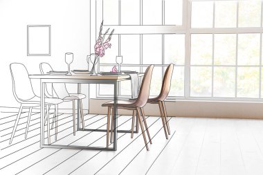 New interior of light room with served dining table, chairs and big window