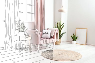 New interior of light room with pink armchair, table and houseplants