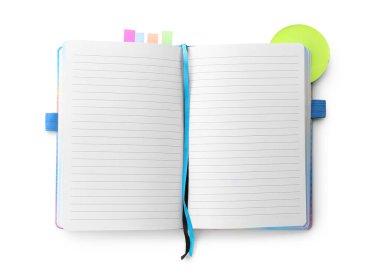 Blank open notebook with sticky notes on white background
