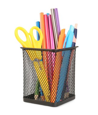 Holder with pens and stationery isolated on white background