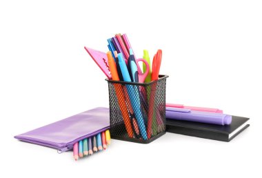 Holder with stationery, notebooks and pencil case isolated on white background