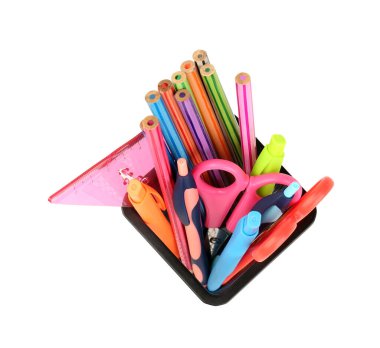 Holder with pens and stationery isolated on white background