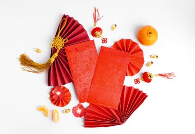 Red envelopes and Chinese symbols on white background