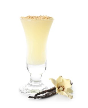 Shot of delicious pudding with vanilla sticks isolated on white background