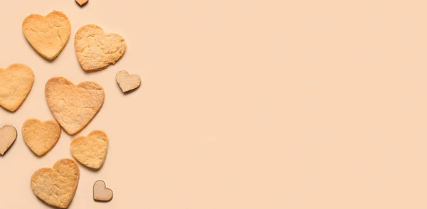 Sweet Heart Shaped Cookies Beige Background Space Text Valentines Day — Stock Photo, Image