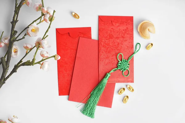 Red Envelopes Fortune Cookie Chinese Symbols White Background — Stockfoto