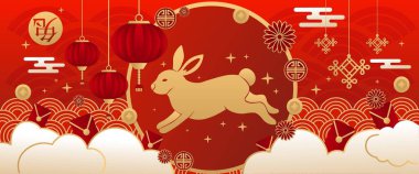 Çin Yeni Yılı için güzel bir tebrik kartı, tavşanlı. 