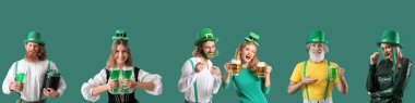 Group of happy people with tasty beer celebrating St. Patrick's Day on green background