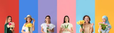 Set of pretty women with flowers on colorful background