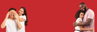 Banner with happy young couples in love on red background with space for text. Valentine's Day