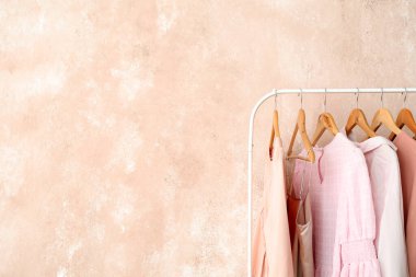 Pembe duvarın yanında şık kadın kıyafetleriyle dolu raflar.