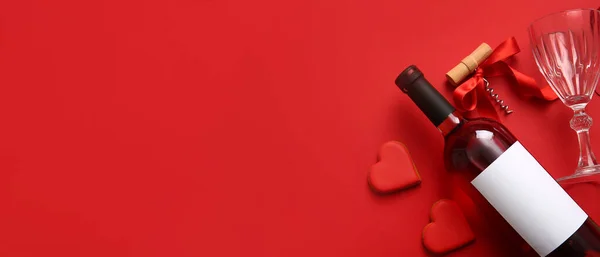 Bottle Wine Glass Corkscrew Heart Shaped Cookies Red Background Space — Foto de Stock
