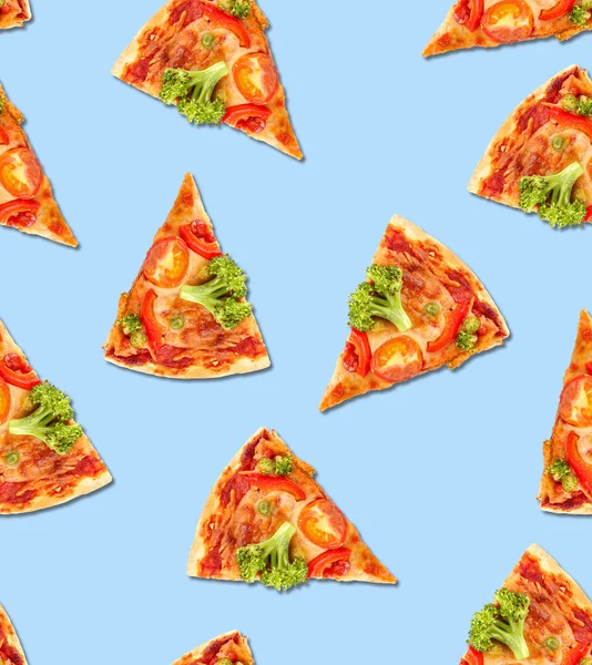 Many slices of delicious vegetarian pizza on light blue background. Pattern for design