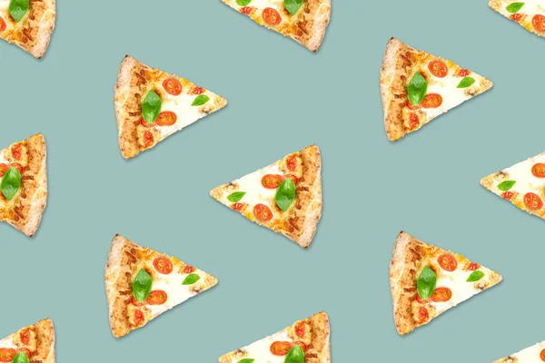 Many slices of delicious pizza Margarita on grey background. Pattern for design
