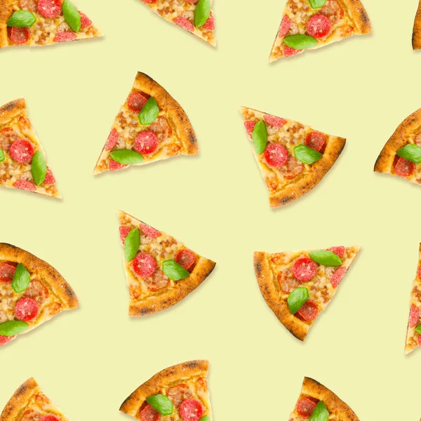 Many slices of delicious pizza on yellow background. Pattern for design