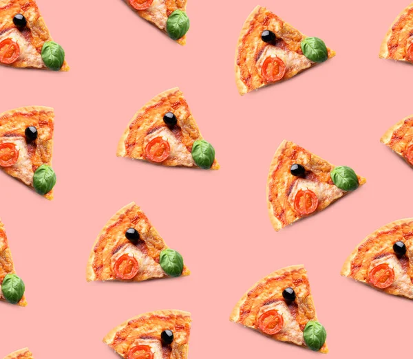 Many slices of delicious pizza on pink background. Pattern for design