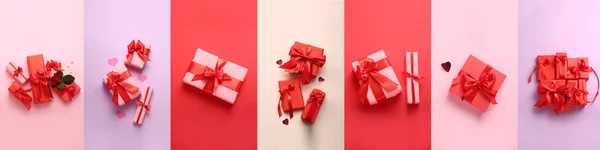 Зіткнення Багатьма Подарунками Дня Святого Валентина Кольоровому Фоні — стокове фото