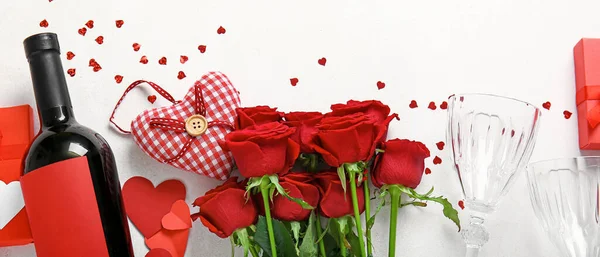 Bottle Wine Red Rose Flowers Glasses Hearts White Background Valentine — Stock Photo, Image
