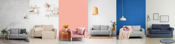 Collage Modern Sofas Stylish Interiors Living Room — Zdjęcie stockowe