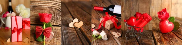 Beautiful Collage Valentine Day Roses Gifts Wine — Zdjęcie stockowe