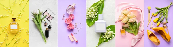 Collage Perfumes Fresh Flowers Makeup Cosmetics Woman Accessories Color Background — Stock Photo, Image