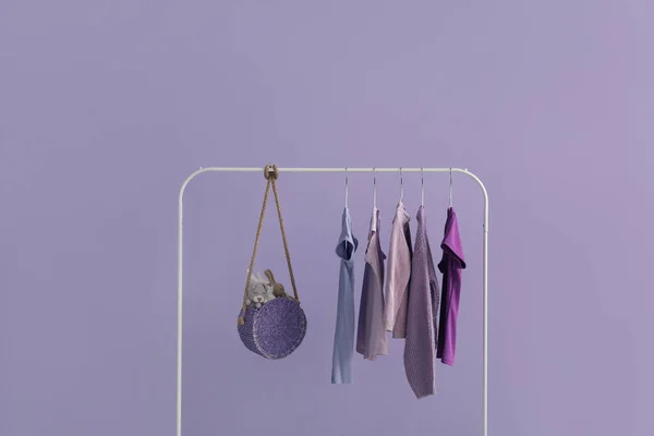 Rack Stylish Clothes Bag Lilac Wall — Photo