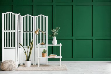 Interior of room with folding screen, shelving unit and houseplants near green wall