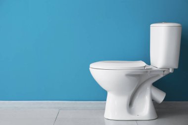 Ceramic toilet bowl near blue wall