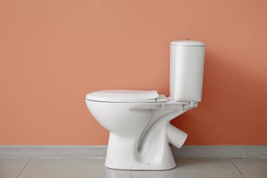 Ceramic toilet bowl near pink wall