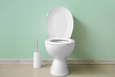 Ceramic toilet bowl and brush near green wall