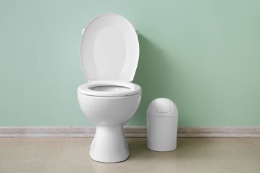 Ceramic toilet bowl and bin near green wall