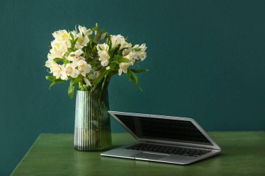 Vase with beautiful alstroemeria flowers and modern laptop on table near color wall