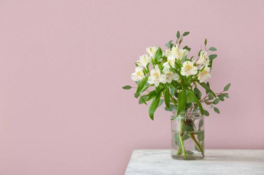 Glass vase with beautiful alstroemeria flowers on table against color wall