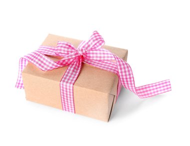 Gift box with checkered bow for Valentine's Day on white background