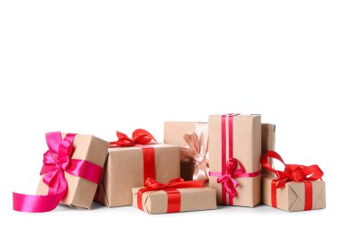 Gift boxes with bows for Valentine's Day on white background