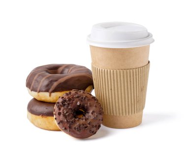 Tasty glazed donuts and paper cup isolated on white background