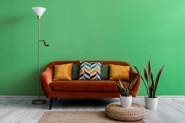 Interior of living room with brown sofa, lamp and houseplants near green wall