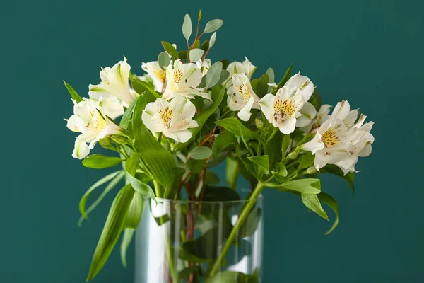 Vase Beautiful Alstroemeria Flowers Eucalyptus Branches Color Background Closeup — Stock Photo, Image