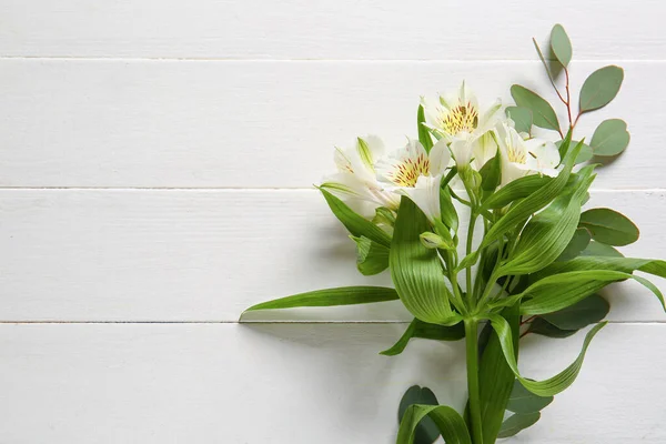 Bunch Beautiful Alstroemeria Flowers Light Wooden Background — Stock Photo, Image