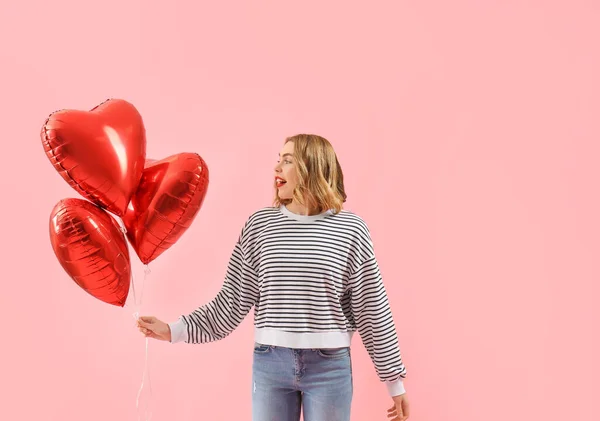 Beautiful Young Woman Red Heart Shaped Balloons Pink Background — Stock Photo, Image