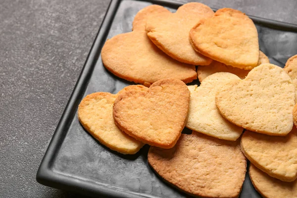 Plate Sweet Heart Shaped Cookies Dark Background Closeup Valentines Day — Stock Photo, Image