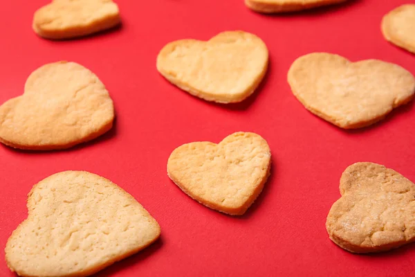 Sweet Heart Shaped Cookies Red Background Closeup Valentines Day Celebration — Stock Photo, Image