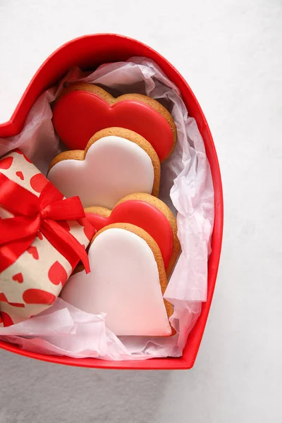 Box Tasty Cookies Gift Light Background Closeup Valentines Day Celebration — Fotografia de Stock