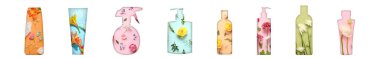 Collage of cosmetics products with fresh flowers on white background