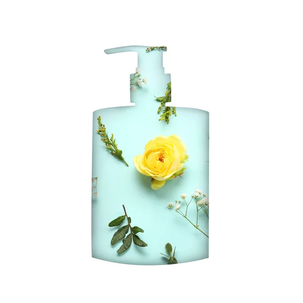 Pump bottle of natural cosmetic product with fresh flowers on white background