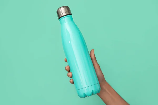 Female Hand Sports Water Bottle Water Color Background — Stock Photo, Image