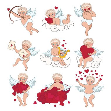 Collage of cute Cupid on white background